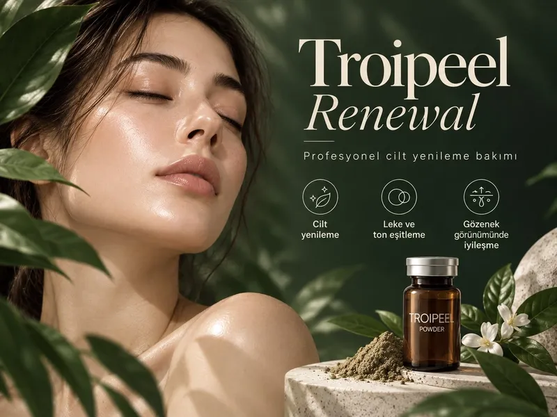 Troipeel Renewal tanıtım görseli: cilt yenileme, leke ve ton eşitleme, gözenek görünümünde iyileşme başlıkları ve ürün şişesi